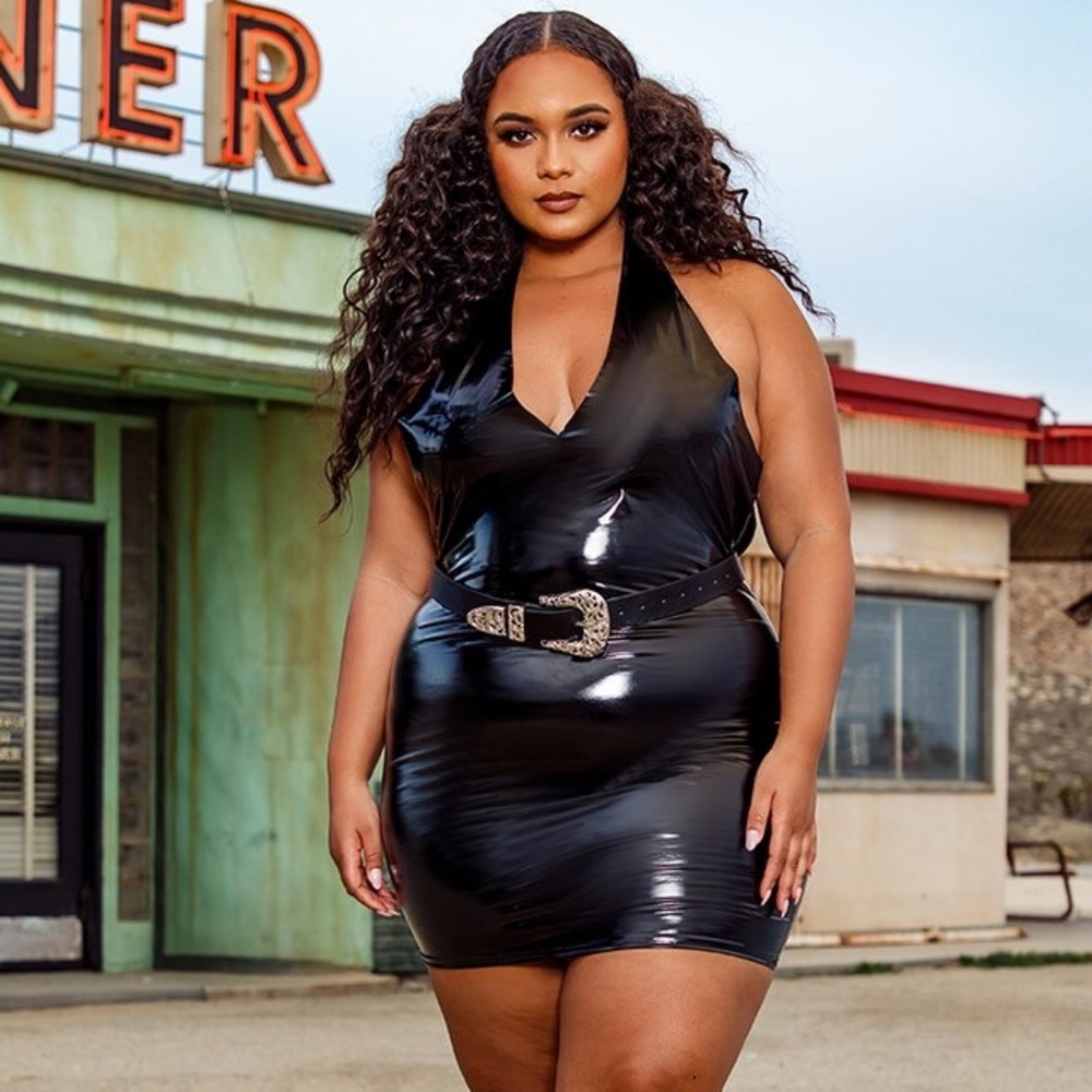 Black Vinyl Halterneck Bodycon Dress